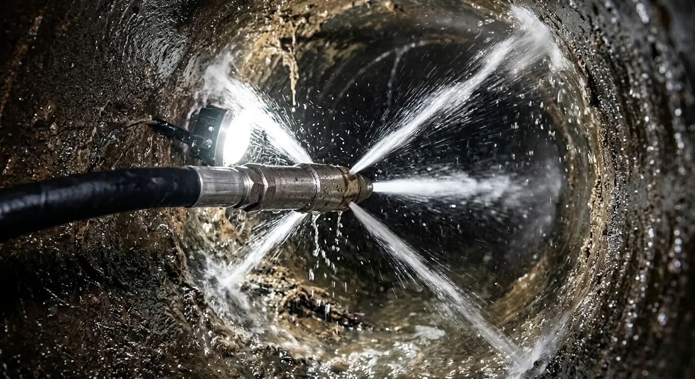 High-pressure hydro jetting nozzle cleaning sewer pipe for Emergency Drain Service in Glenwood