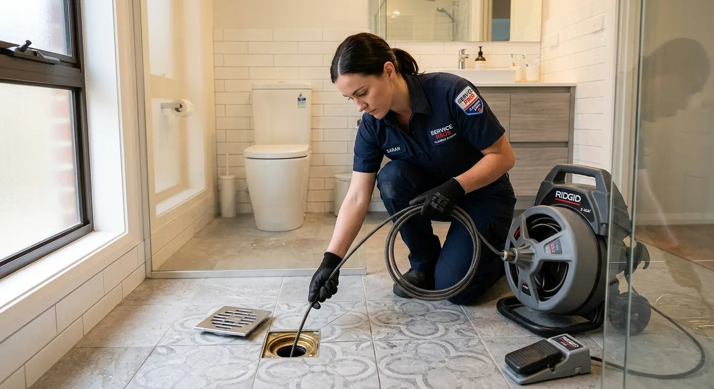 Technician clearing a bathroom floor drain for Hydro Jetting in Glenwood